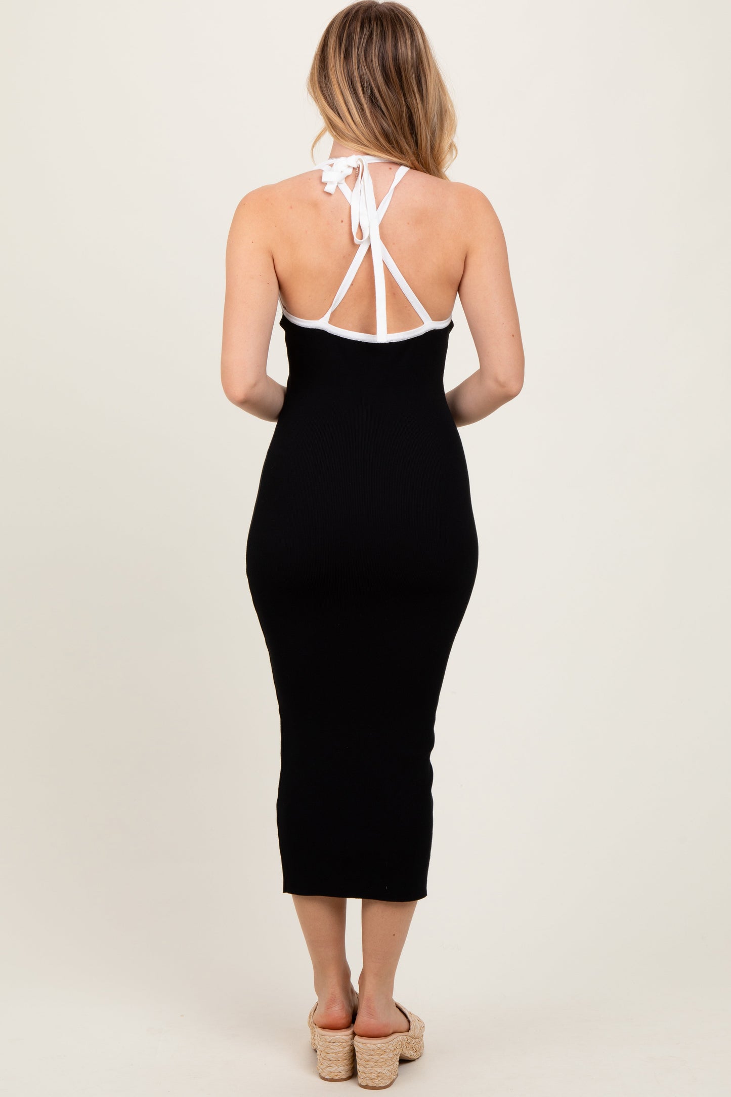 Black Contrast Trim Keyhole Cutout Midi Dress