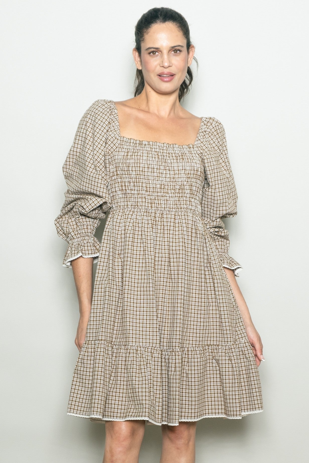 Beige Vintage Checked Plaid Square-Neck Maternity Dress