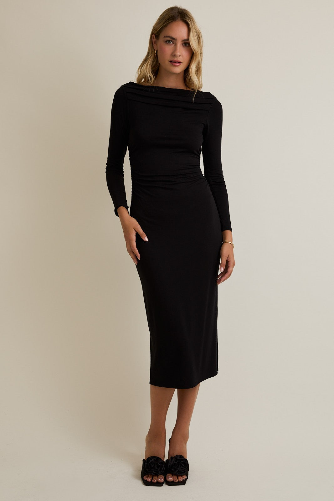 Black Boat Neck Ruched Long Sleeve Maternity Midi Dress