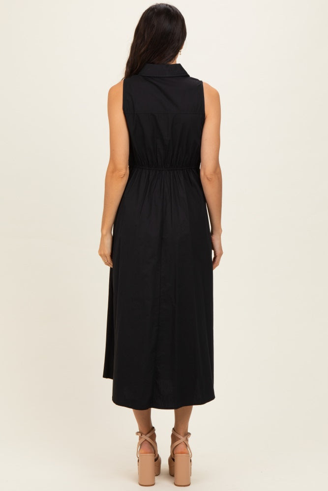 Black Button Up Sleeveless Midi Dress