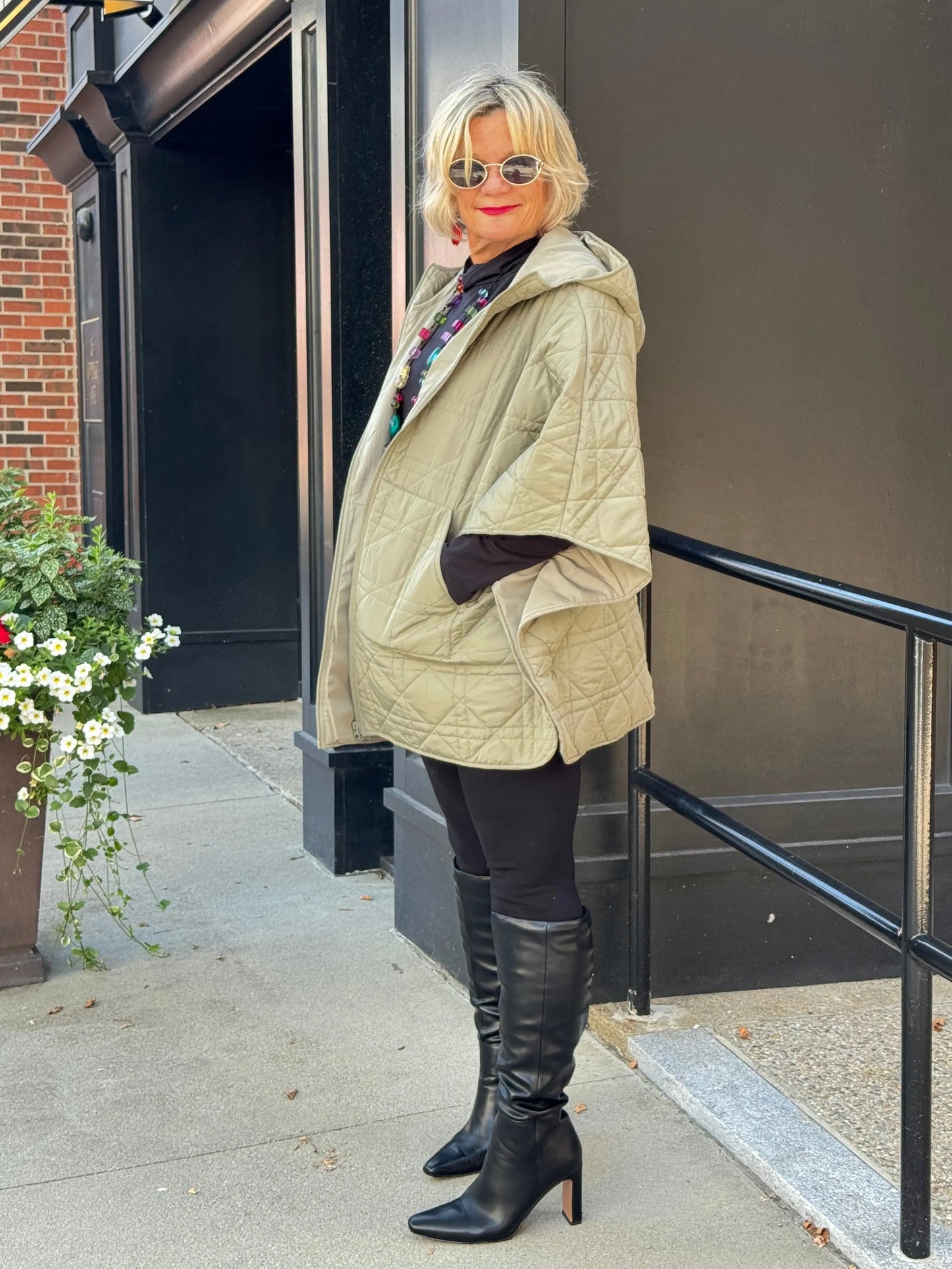 Oversize Quilted Puffer Hood Cape Poncho SAGE