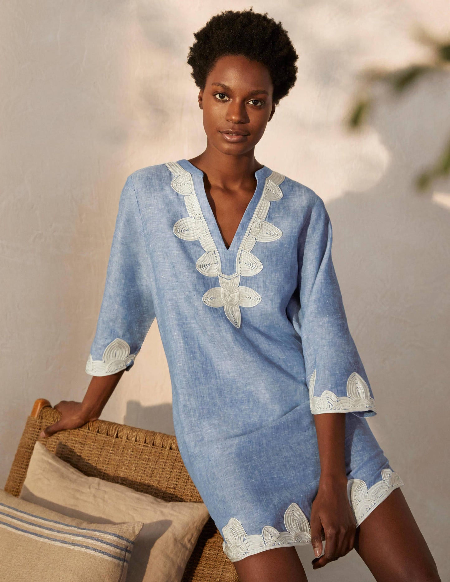Bella Embroidered Linen Dress-Grey Blue Chambray/Ivory