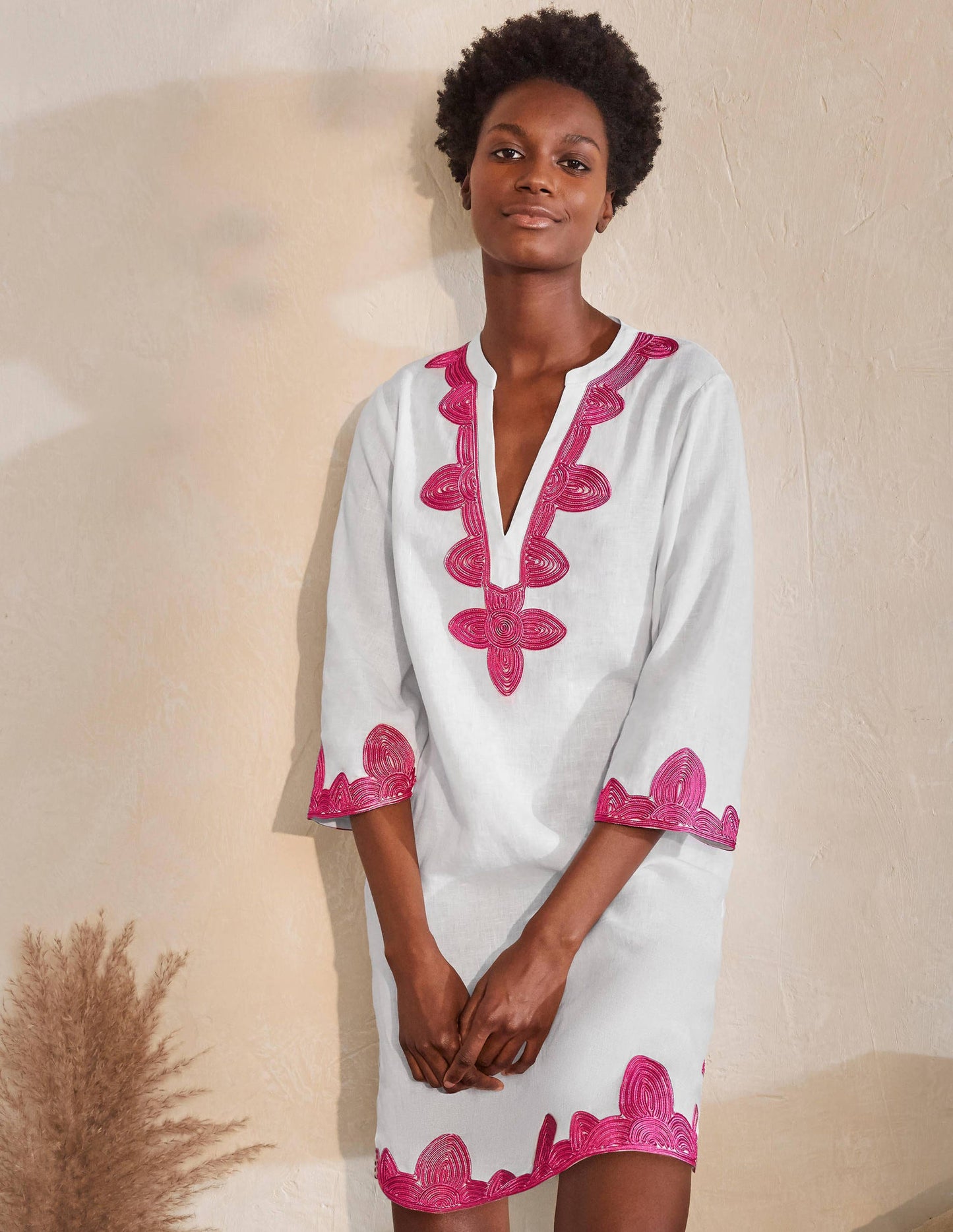 Bella Embroidered Linen Dress-White/Party Pink