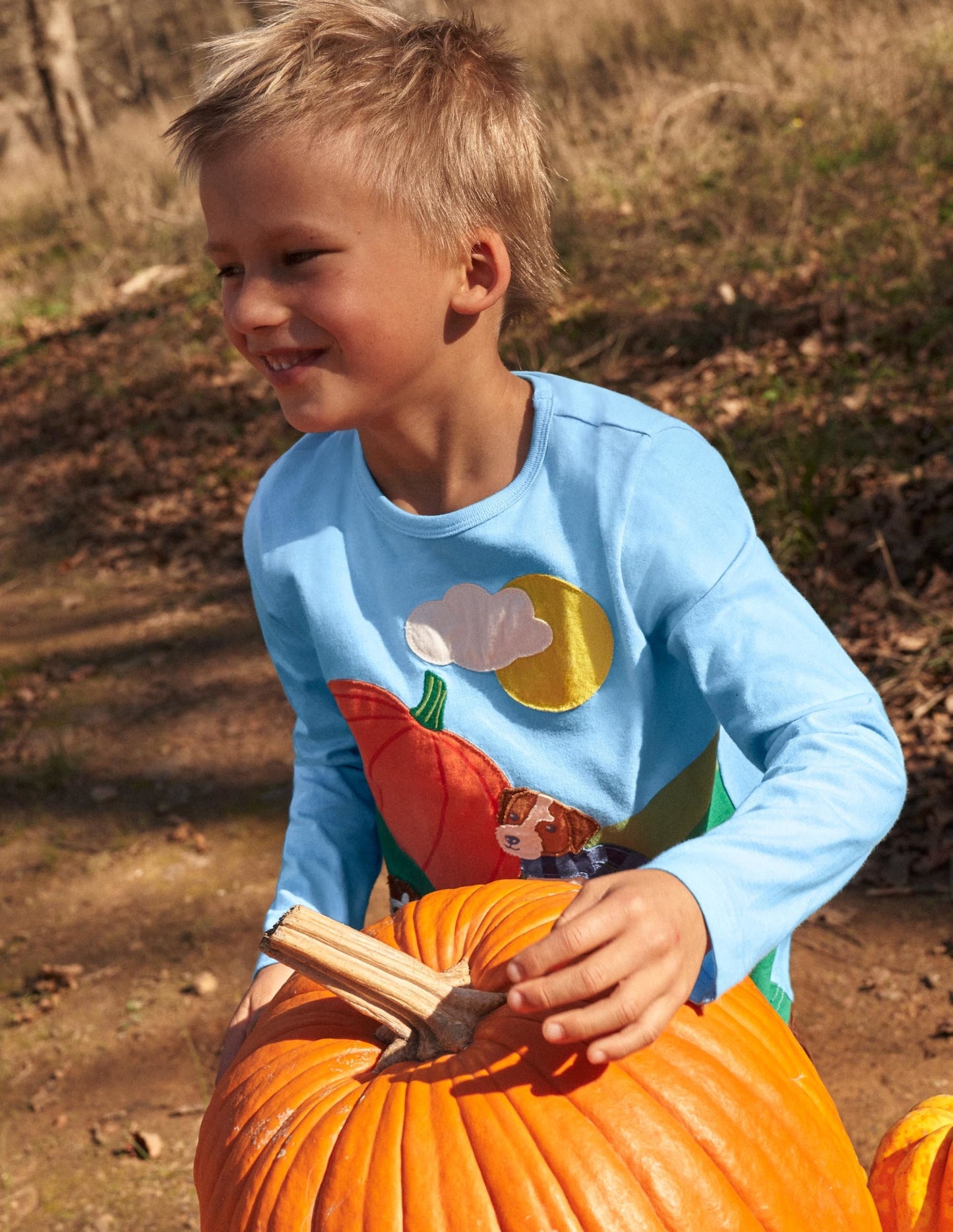 Blue Pumpkin Appliqué Long-Sleeved Halloween T-shirt-Surfboard Blue Pumpkin