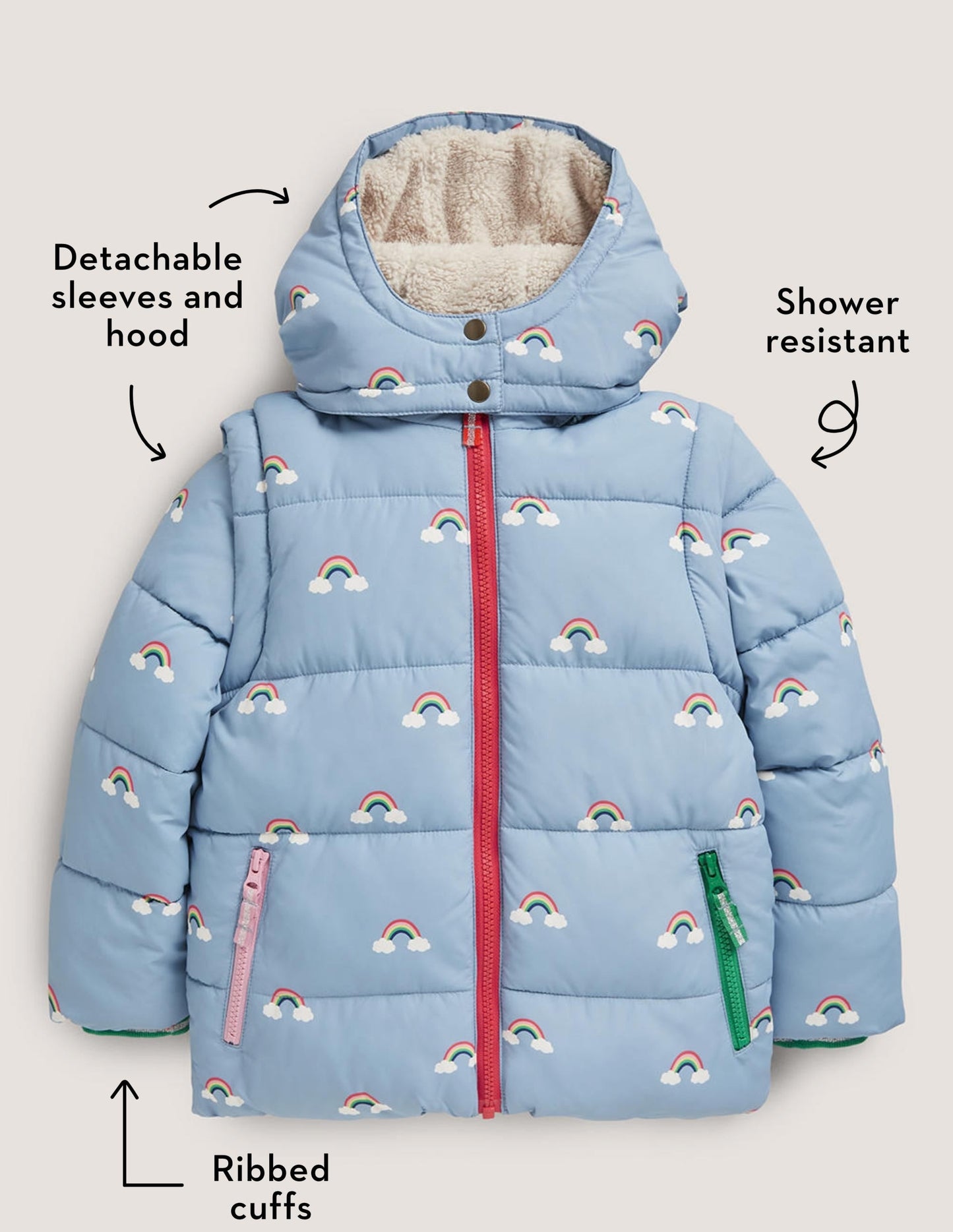 Blue Rainbow Print Puffer Jacket-Moroccan Blue Rainbows