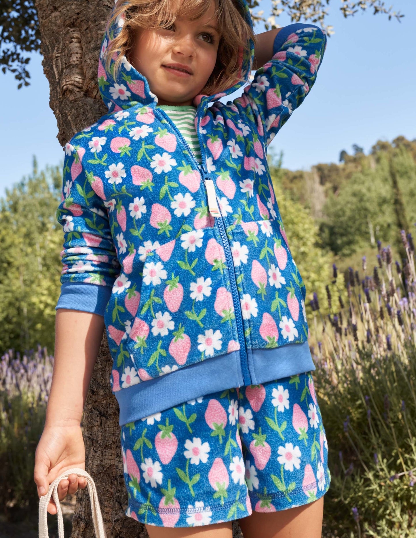 Blue Strawberry Print Towelling Shorts-Bright Marina Blue Strawberry