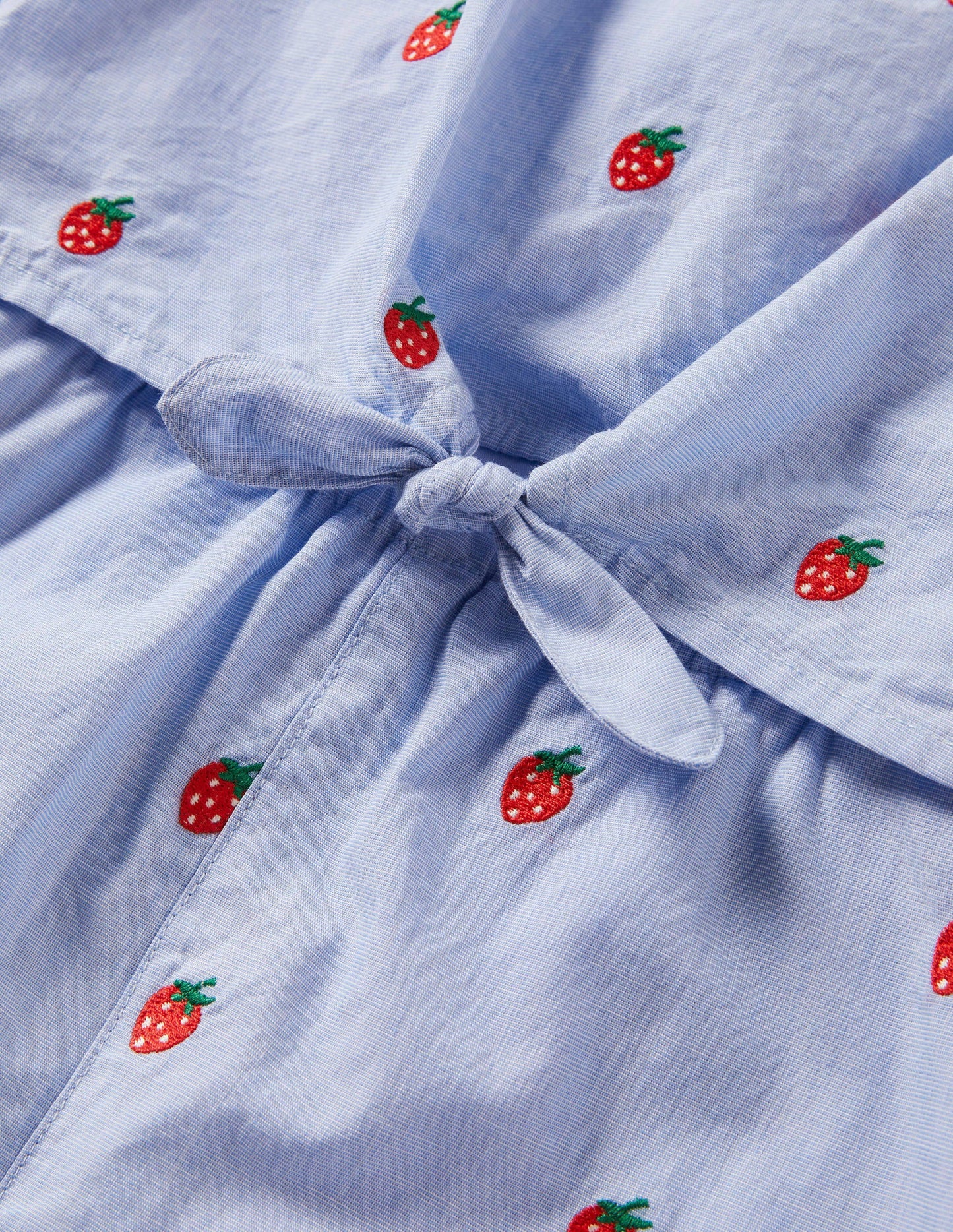 Blue Strawberry Print Woven Romper-Chambray Embroidered