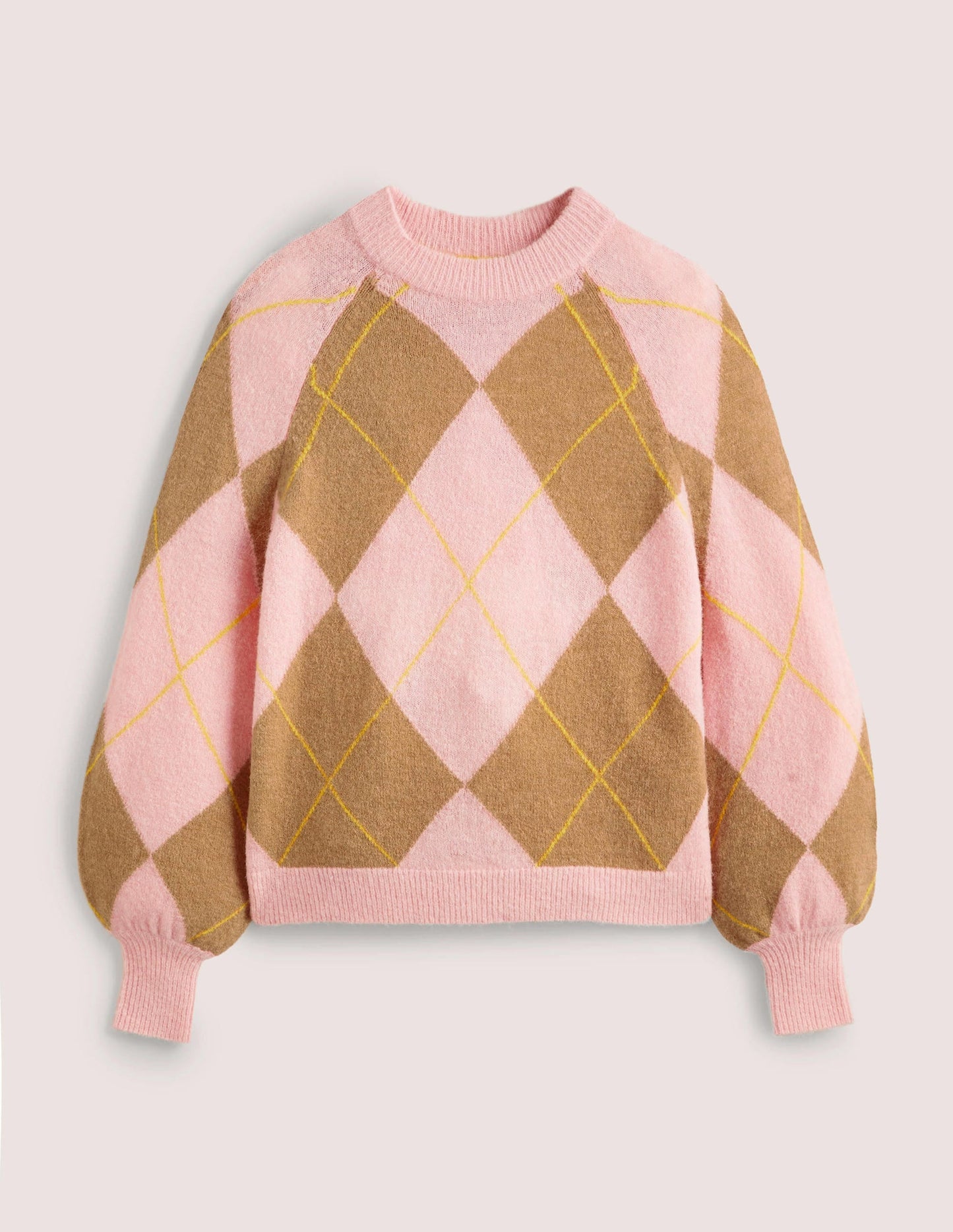 Blouson Sleeve Fluffy Sweater-Camel, Boto Pink Argyle