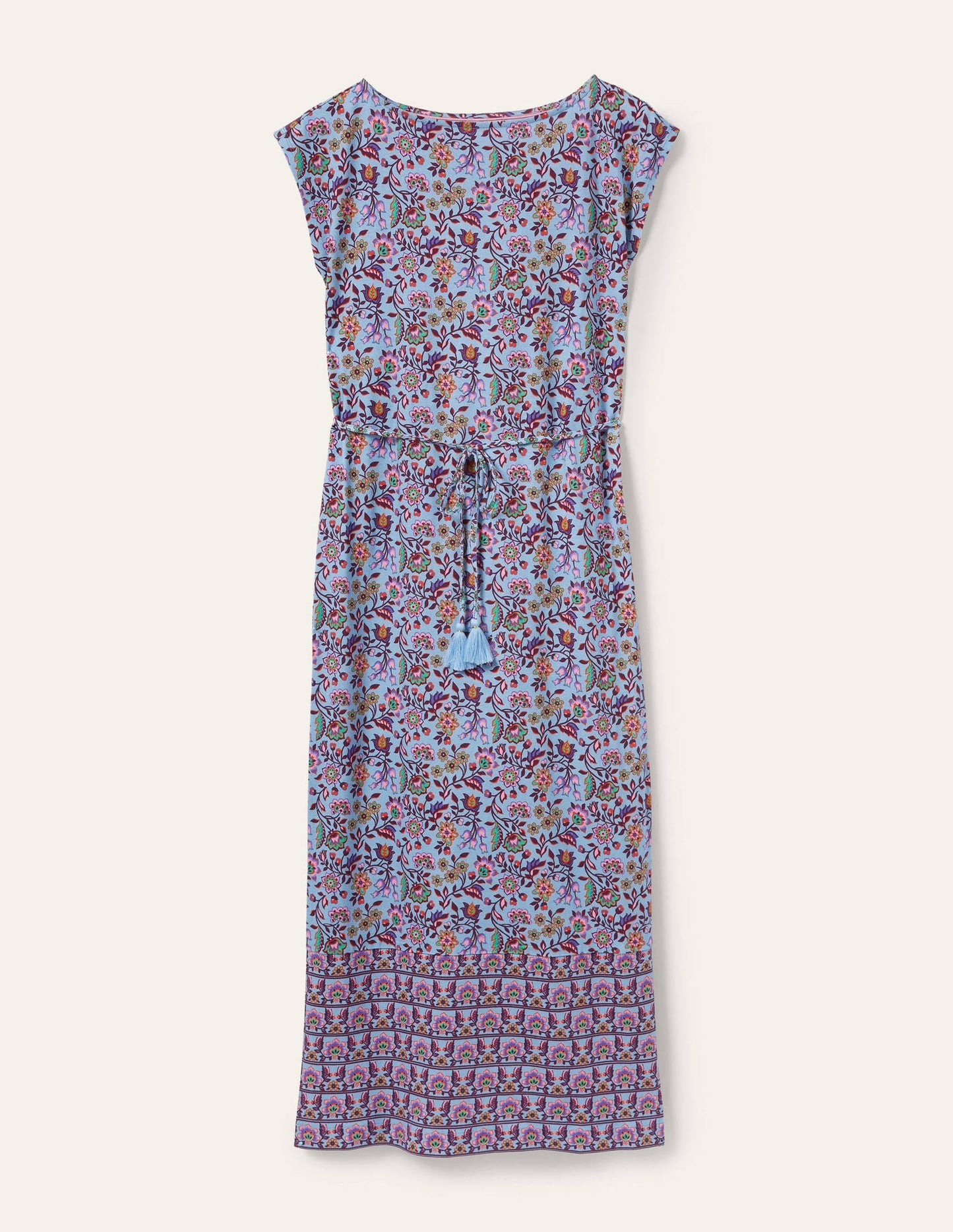 Belted Jersey Midi Dress-Dusty Blue Oriental Meadow