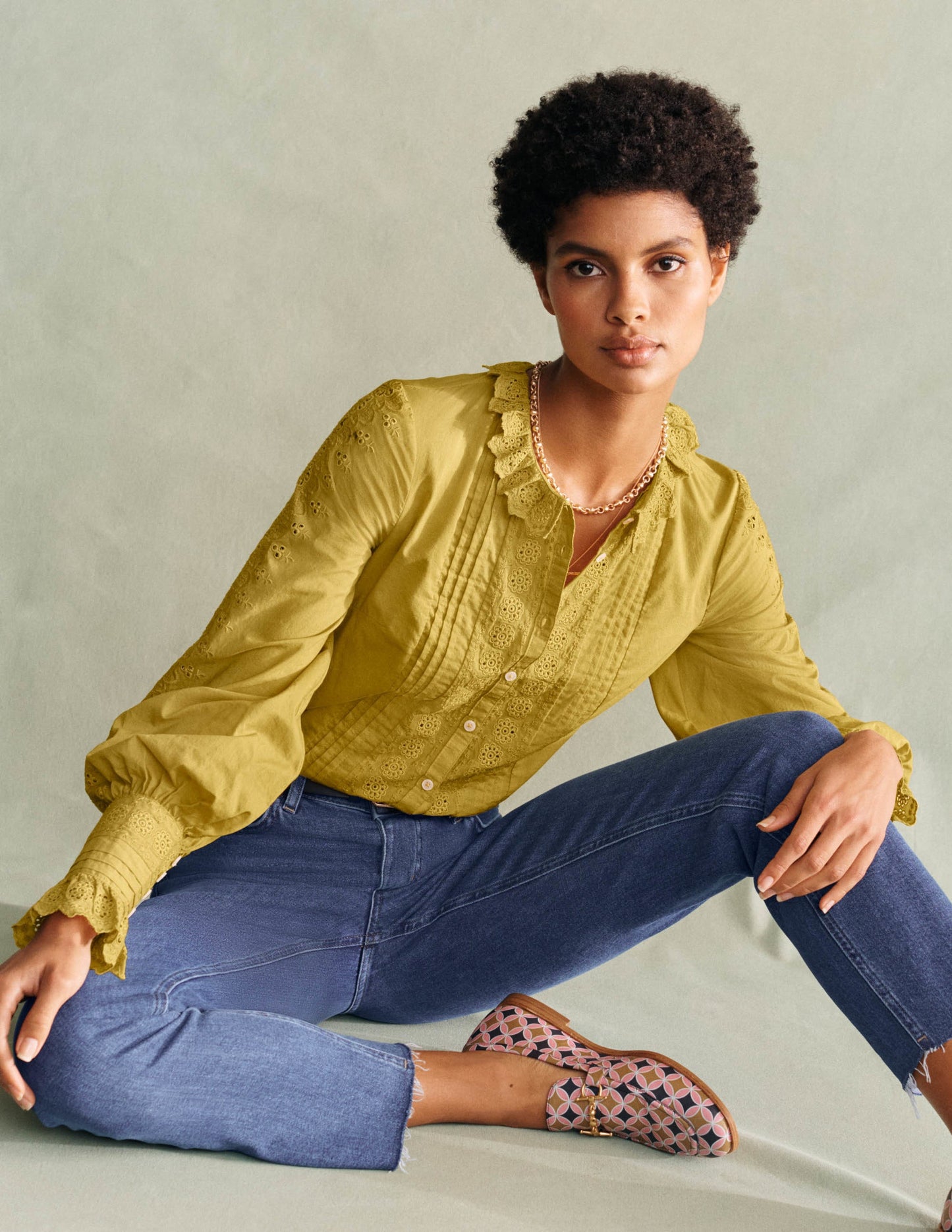 Broderie Trim Blouse-Olive Oil
