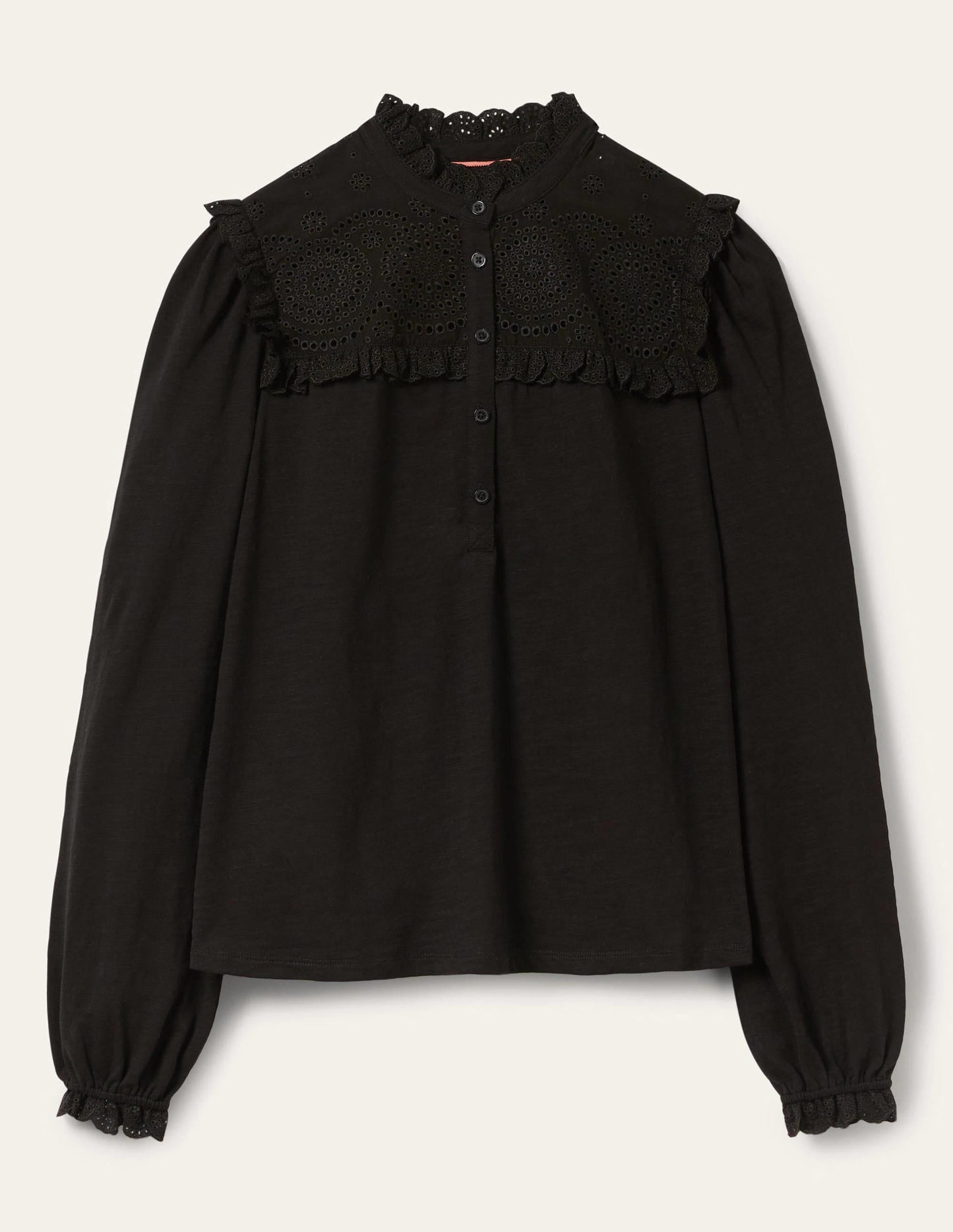 Broderie Yoke Jersey Top-Black