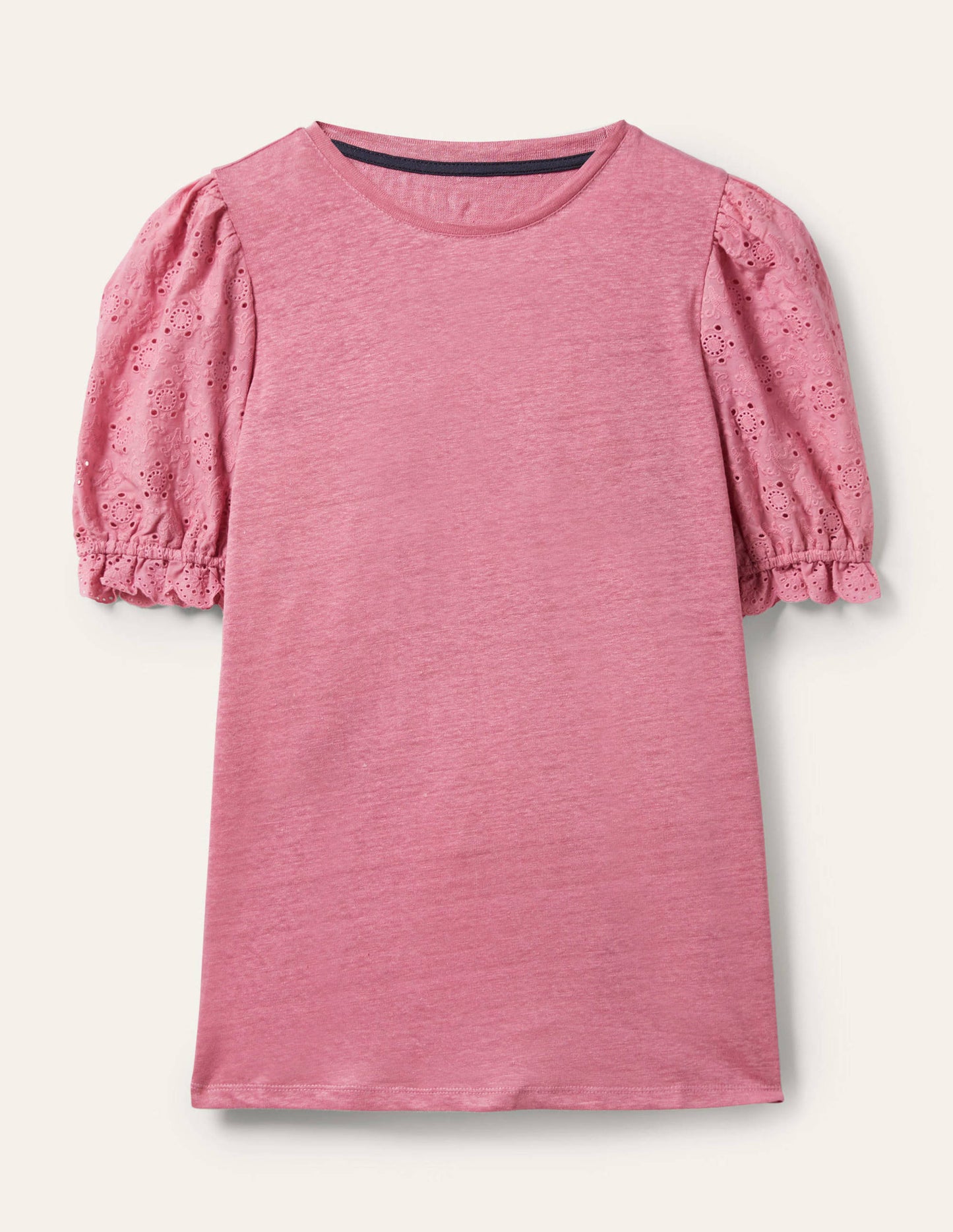 Broderie Sleeve Linen T-Shirt-Posy Pink
