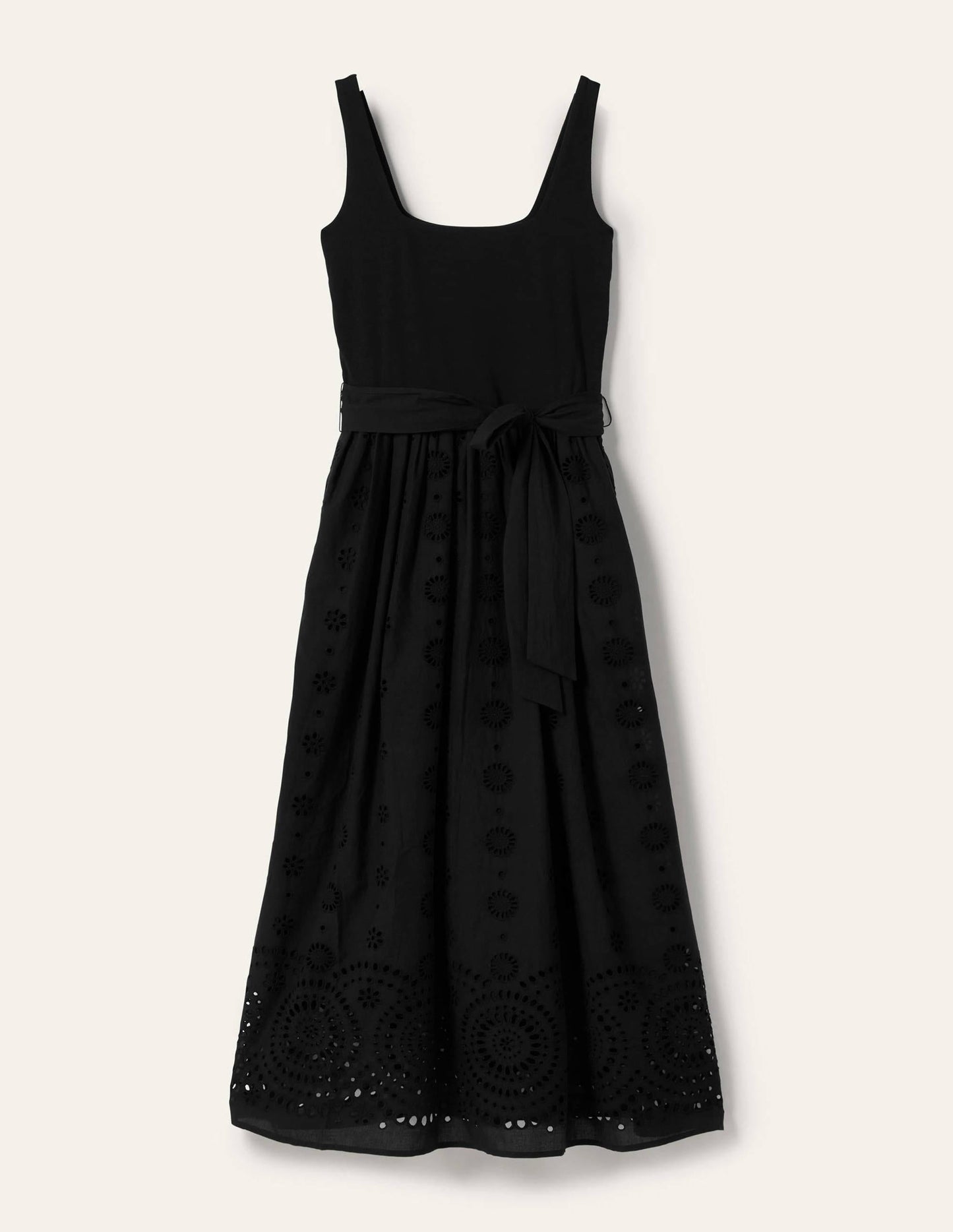 Broderie Mix Midi Dress-Black