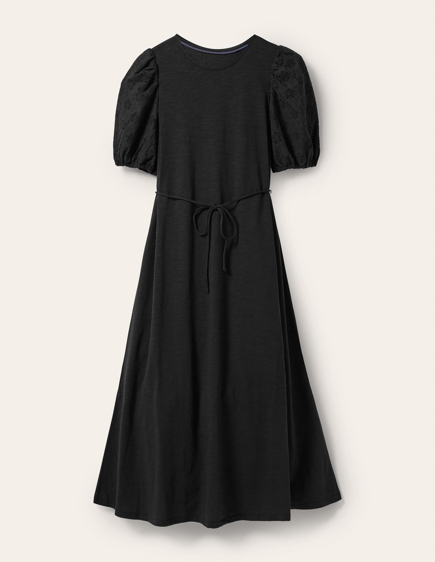 Broderie Mix Jersey Midi Dress-Black