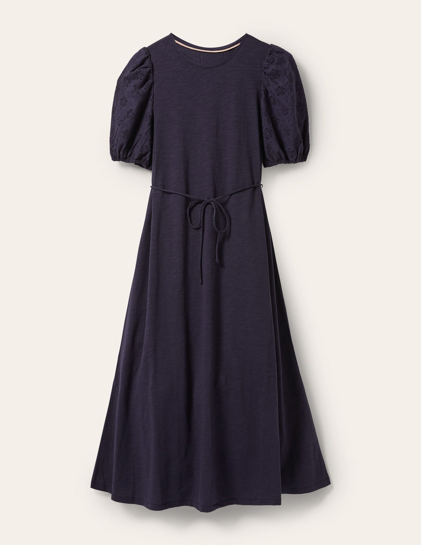 Broderie Mix Jersey Midi Dress-Navy