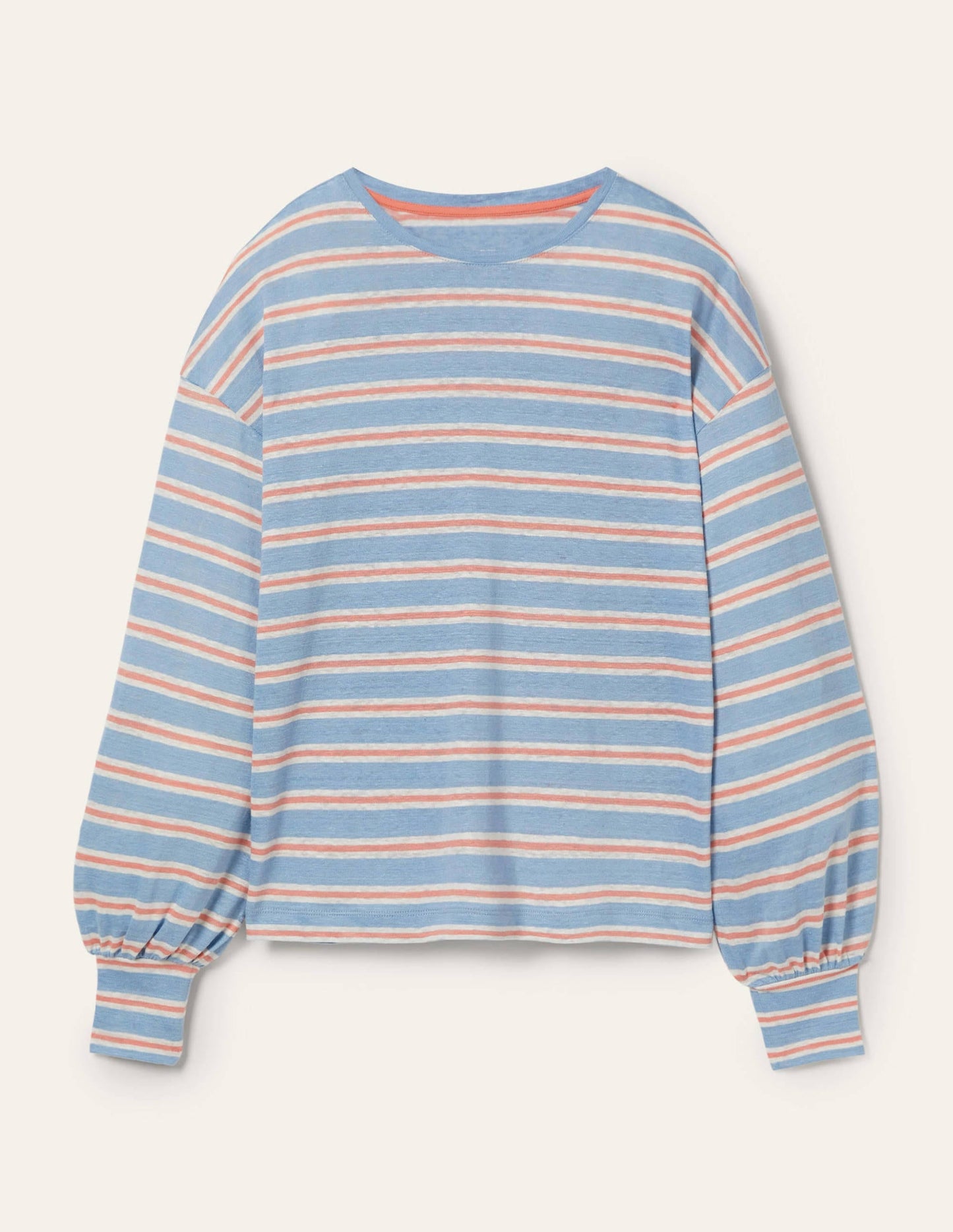 Blouson Linen Top-Dusty Blue / Coral Stripe