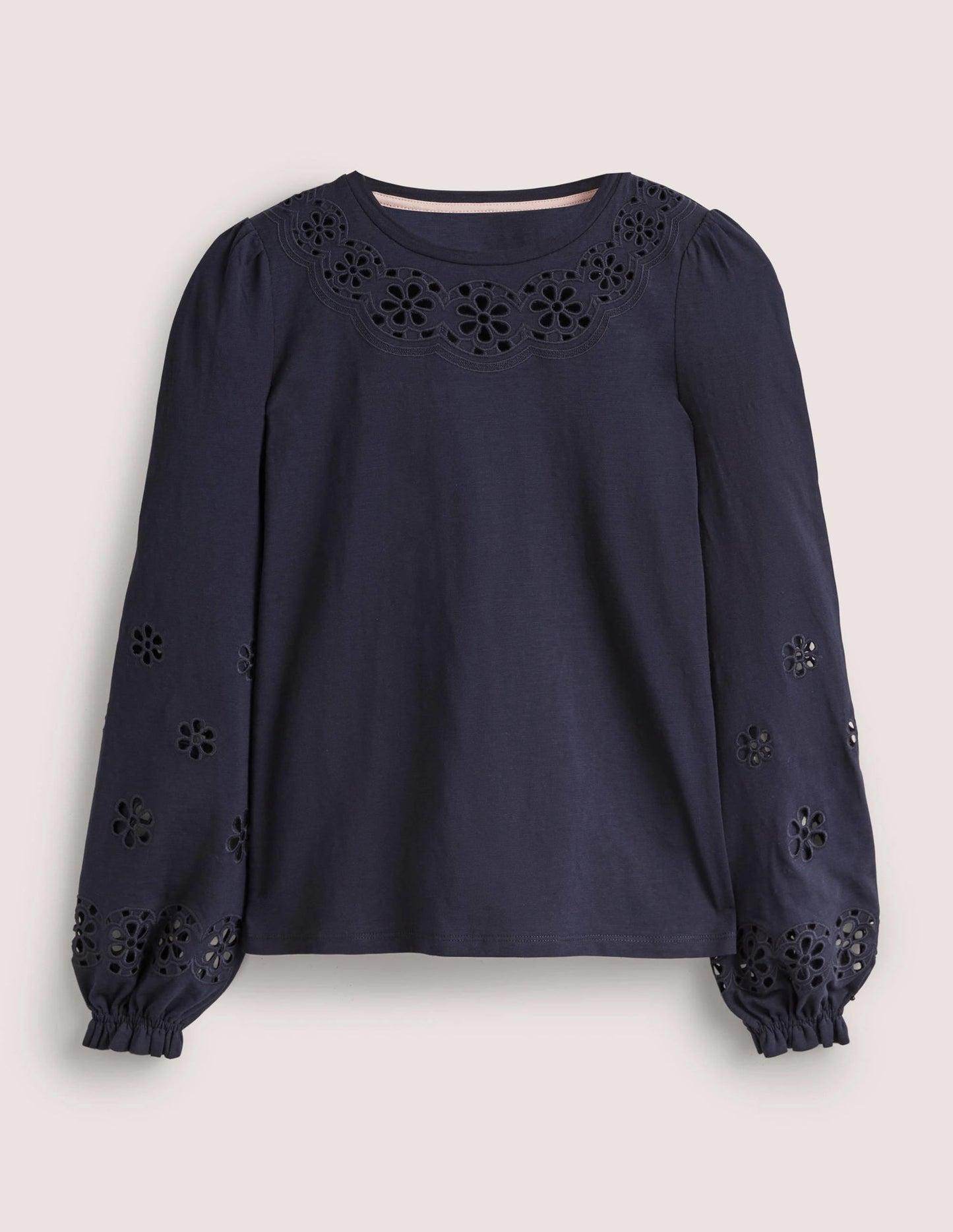 Broderie Insert Jersey Top-Navy