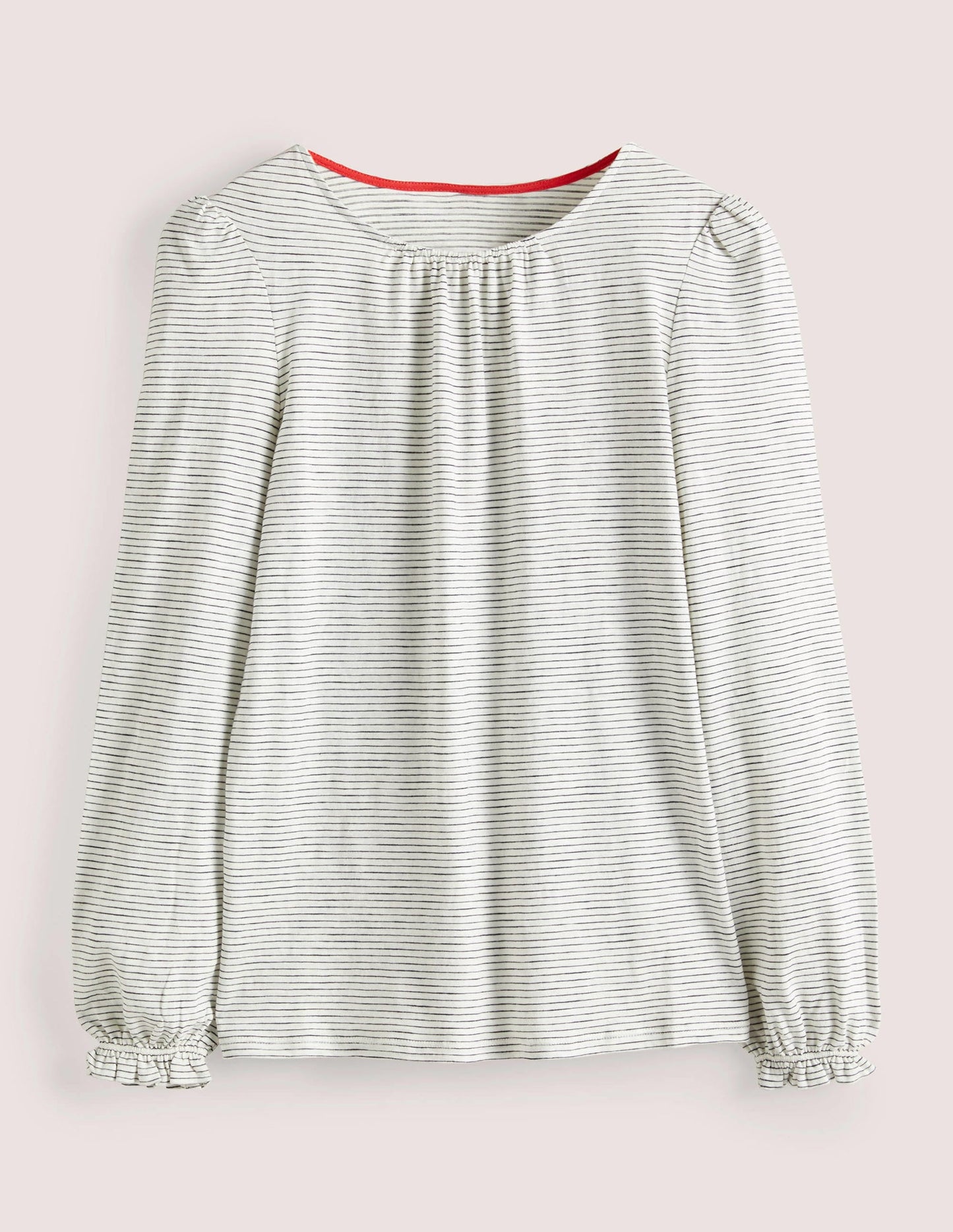 Blouson Cotton Crew Neck Top-Ivory, Navy Stripe