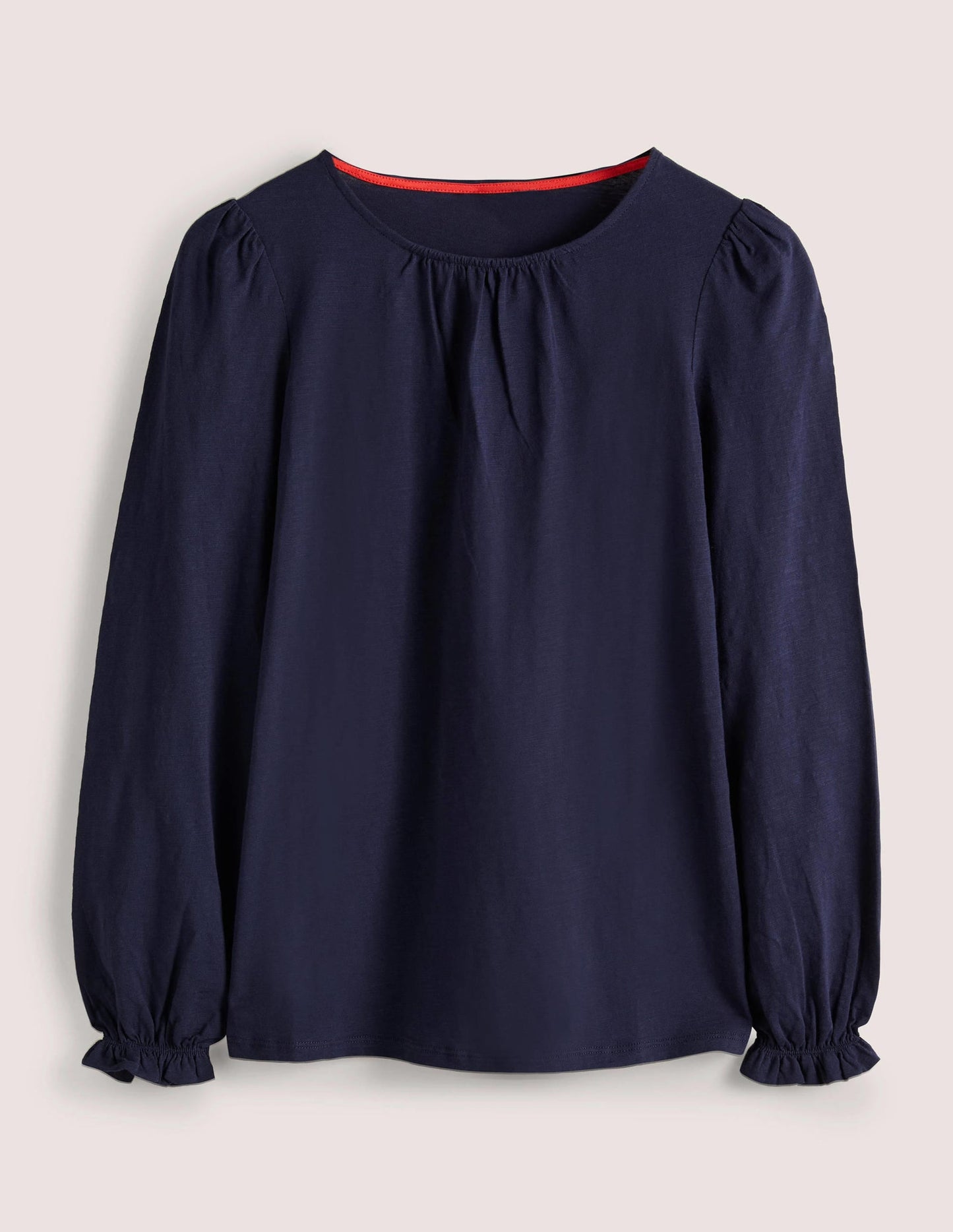 Blouson Cotton Crew Neck Top-Navy