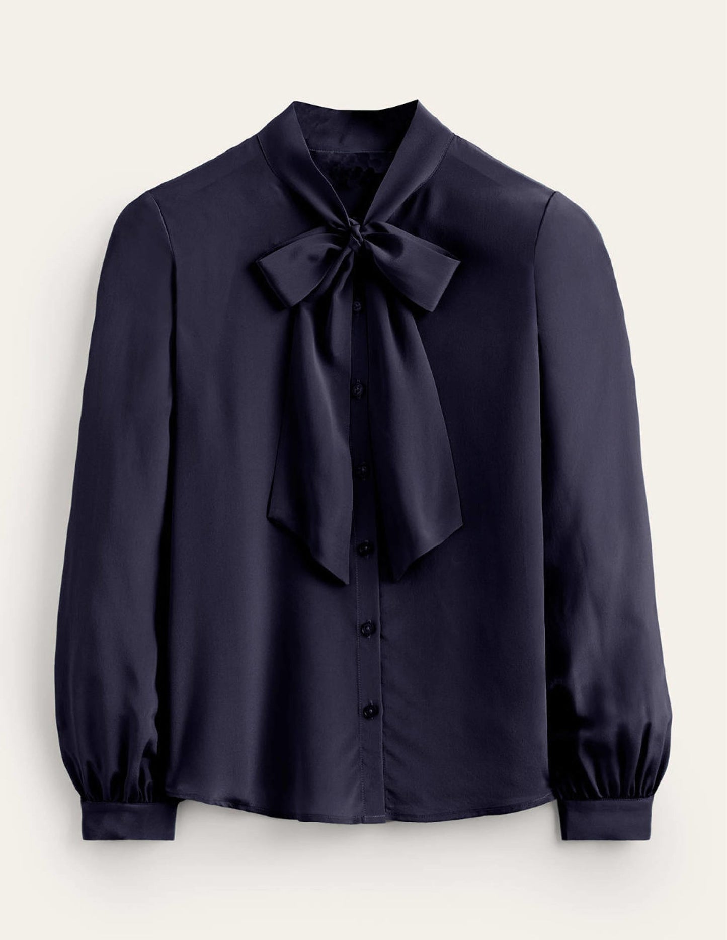 Bow-Neck Button-Down Blouse-Navy