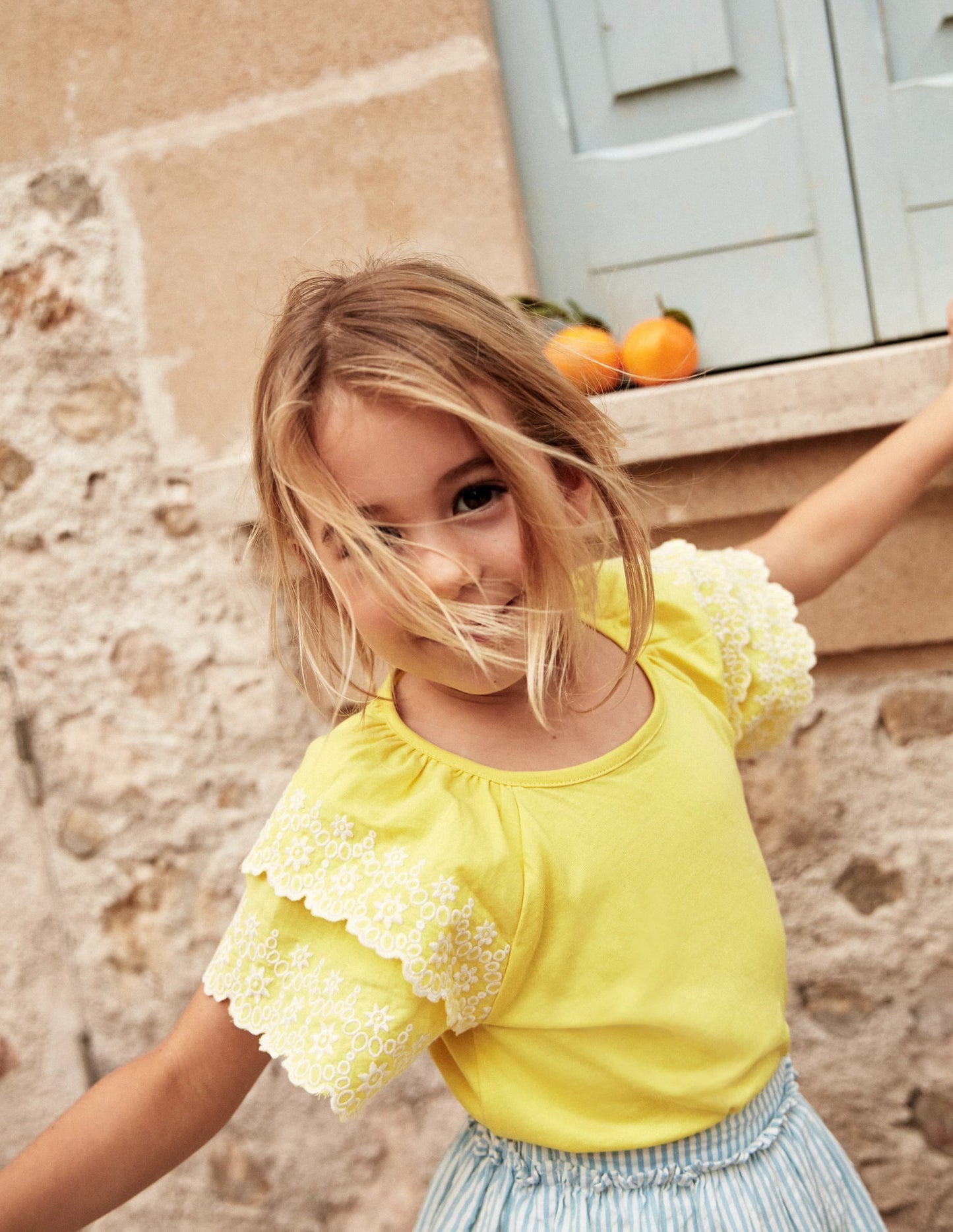 Broderie Mix T-shirt-Zest Yellow/White