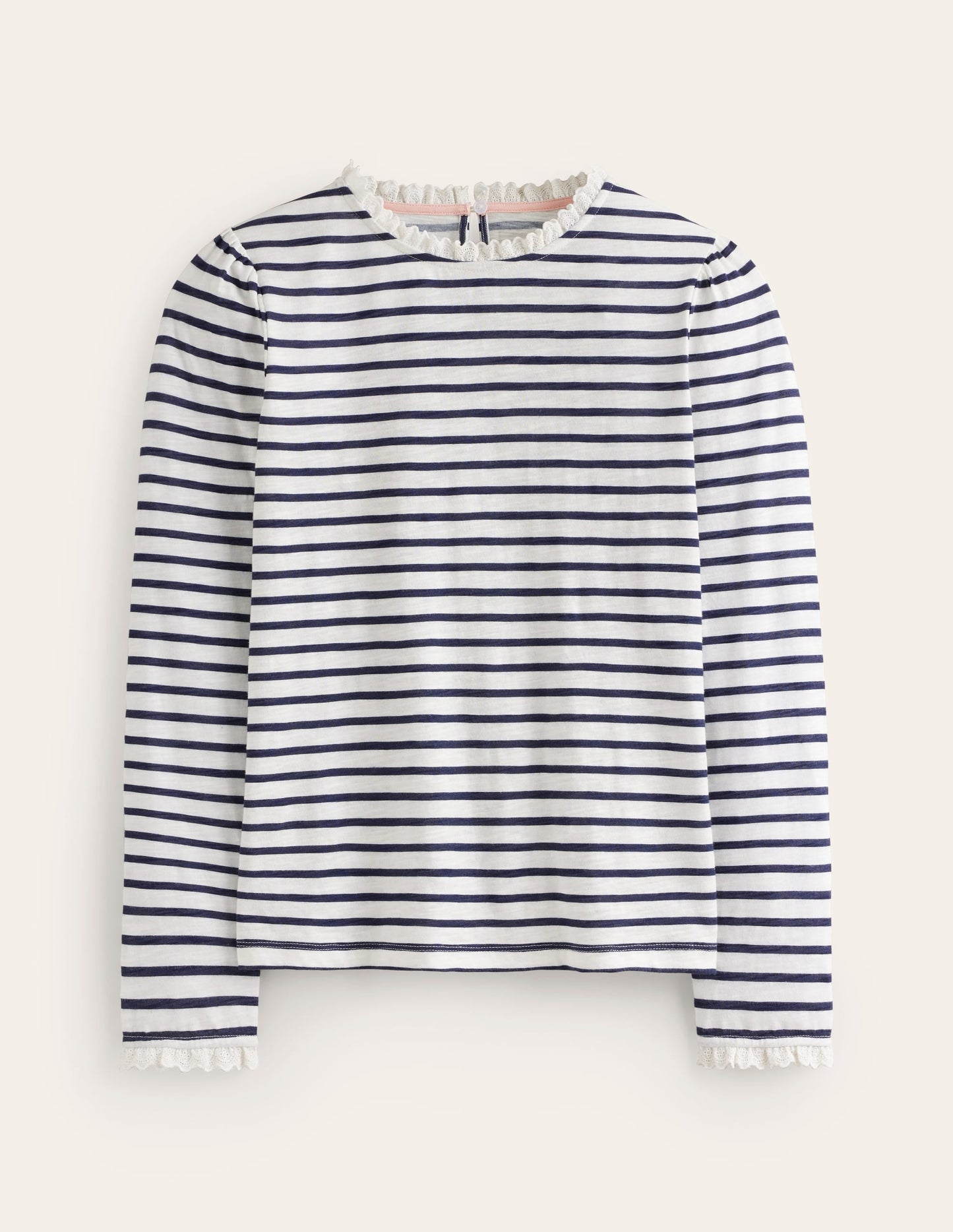 Broderie Trim Stripe Top-Ivory, Navy Stripe