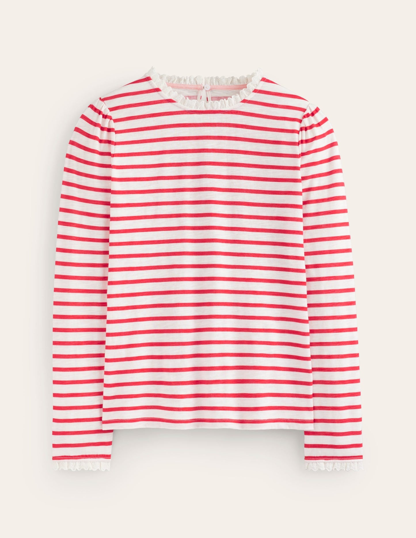 Broderie Trim Stripe Top-Red, Ivory Stripe