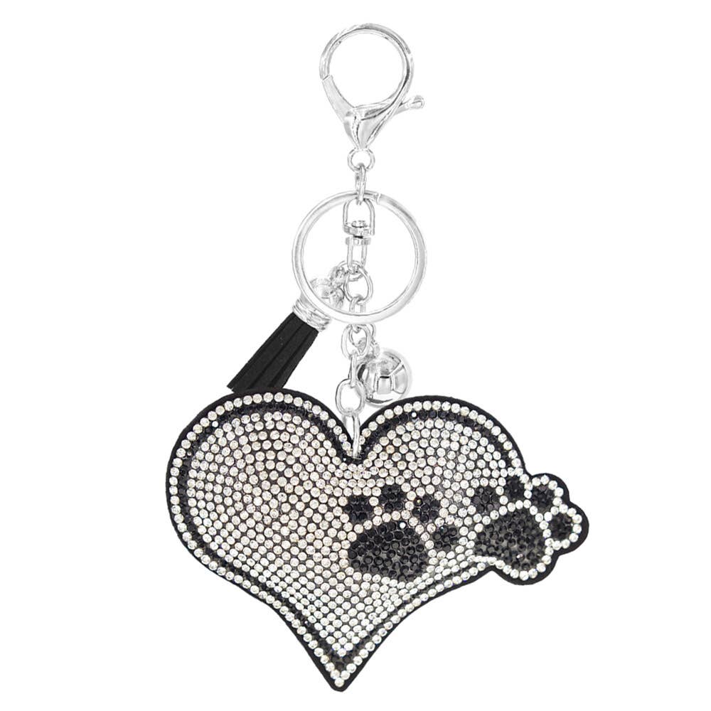 RHINESTONE HEART PAW KEYCHAIN WITH TASSEL,