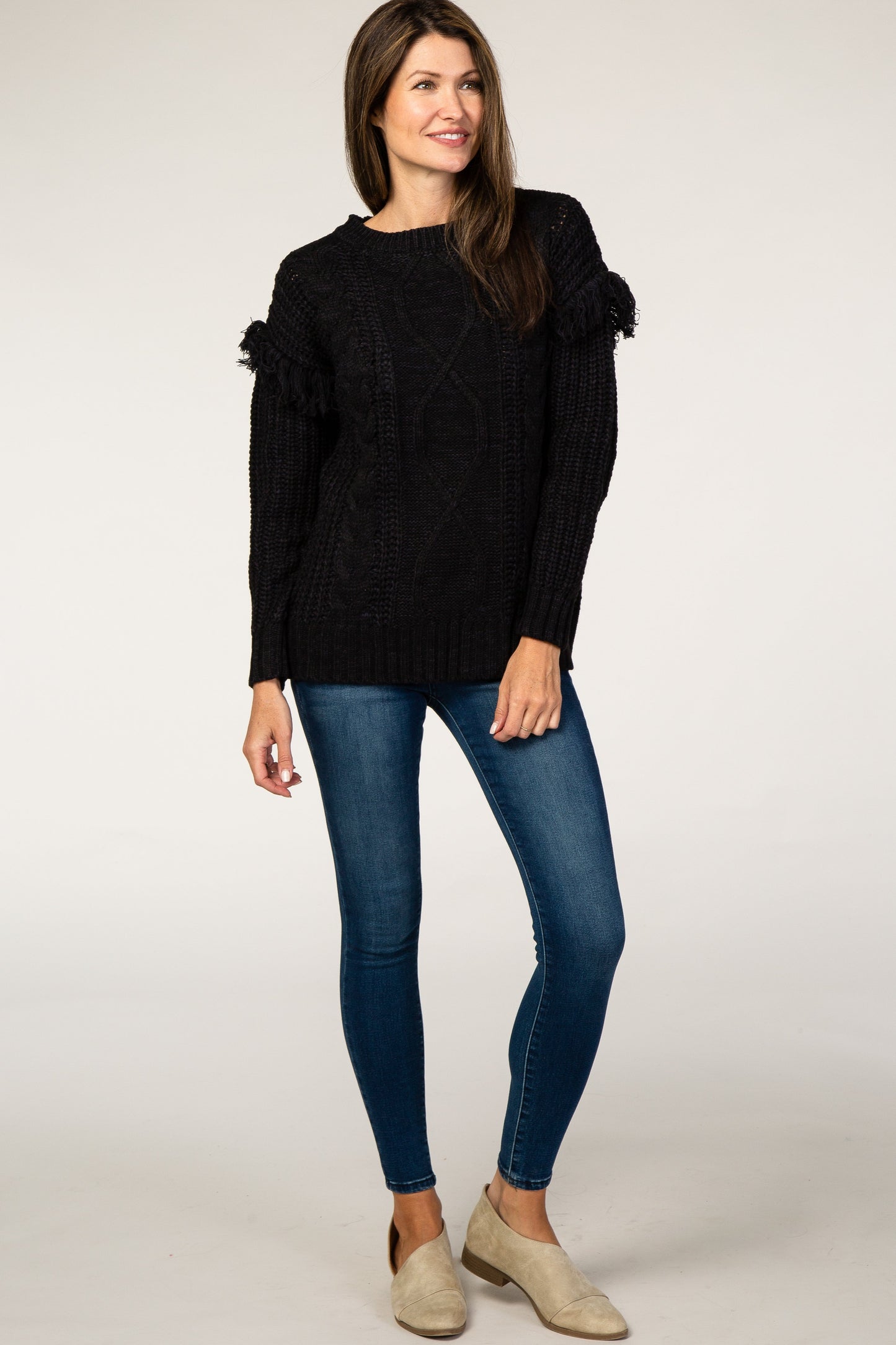 Black Cable Knit Fringe Sleeve Sweater