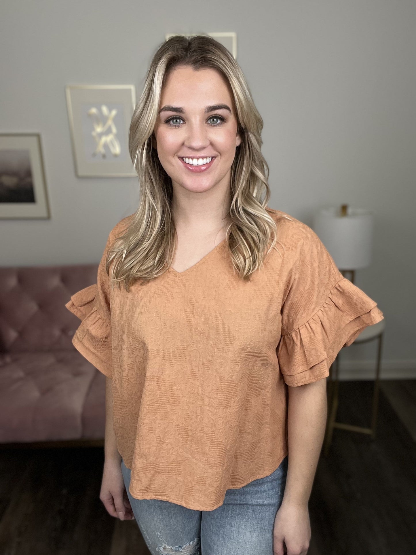 Past Times Women's Woven Ruffle Short Sleeve Top
