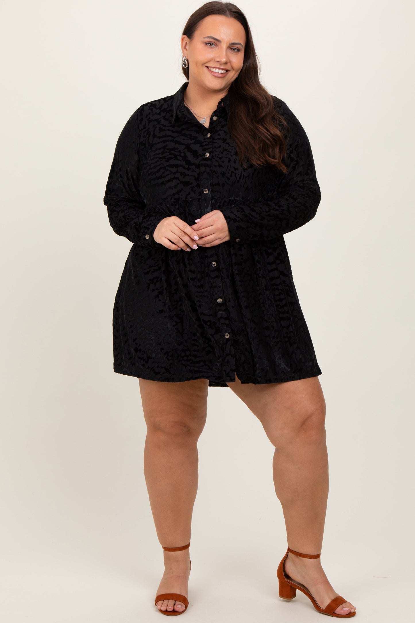 Black Burnout Velvet Maternity Plus Button Up Dress