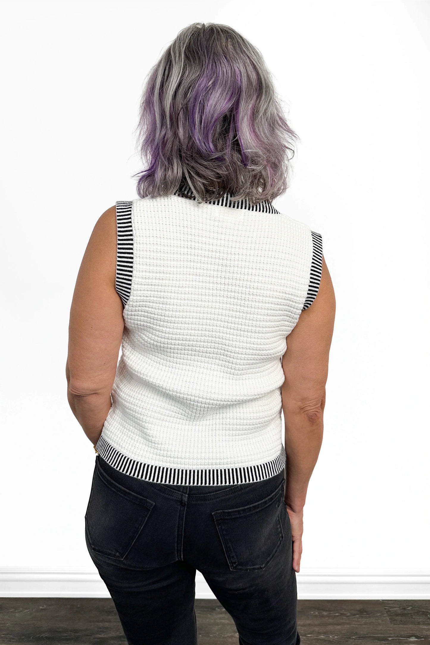 Women's Button Front Contrast Trim Sleeveless Sweater Vest by Ava Lane