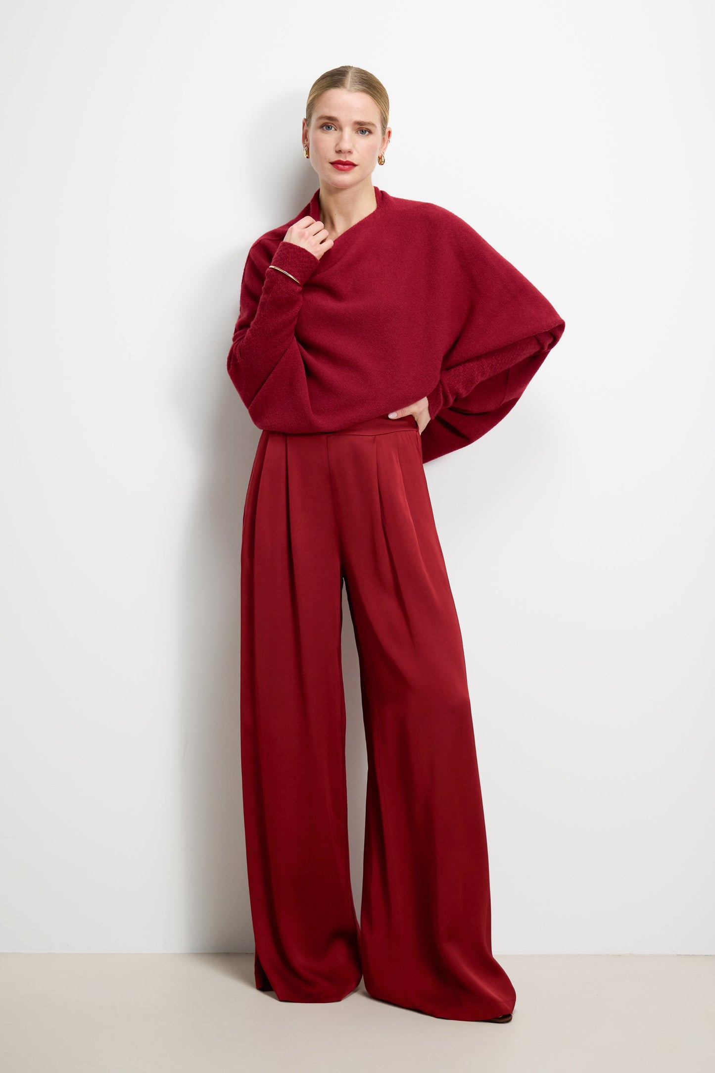 Claudia Elastic Waist Satin Trousers | Carmine