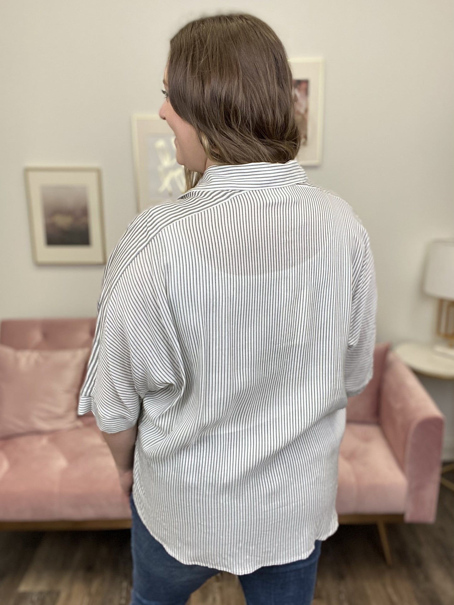Get Going Women's Striped Button Down Oversized 1/2 Sleeve Top