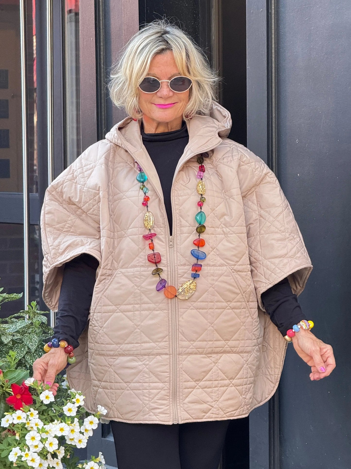 Oversize Quilted Puffer Hood Cape Poncho BEIGE