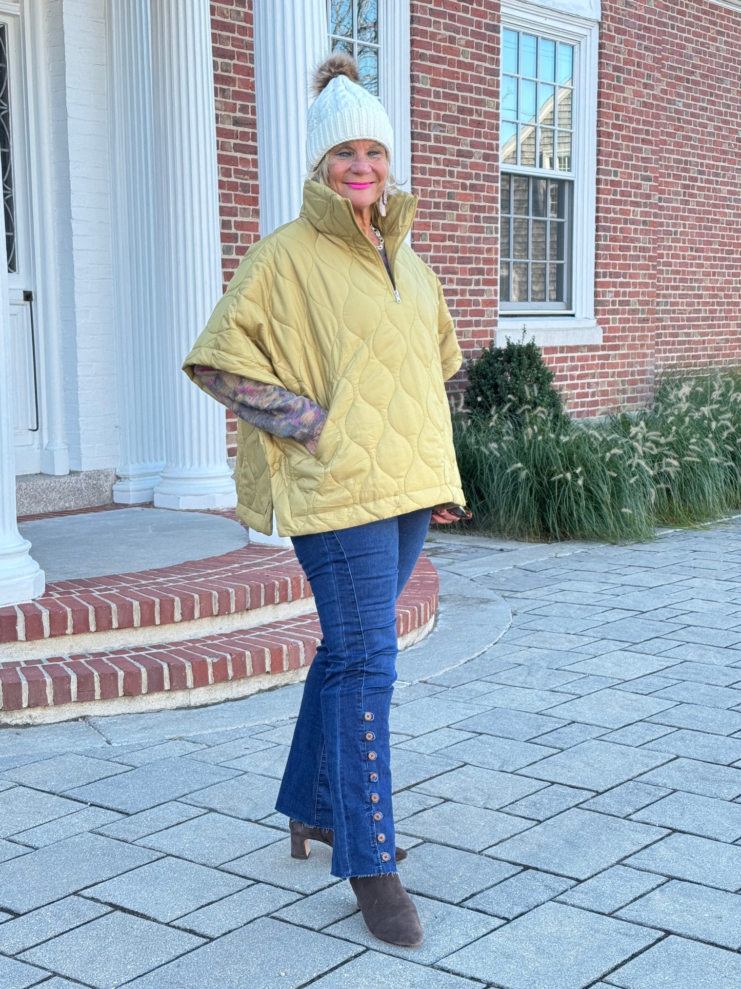 Quilted Short Sleeves Puffer Pullover Poncho Mustard