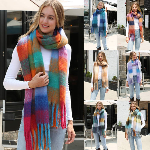 Multi-Color Plaid Oblong Scarf Shawl with Fringe