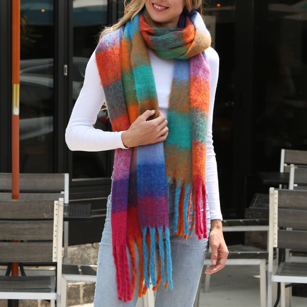 Multi-Color Plaid Oblong Scarf Shawl with Fringe