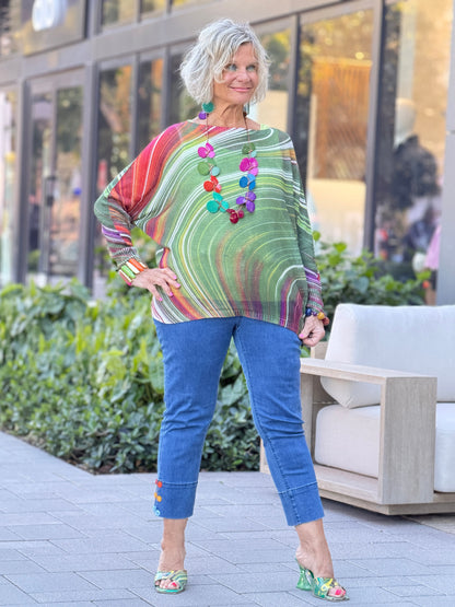 OLIVE Wavy Round Neck Knit Printed Sweater