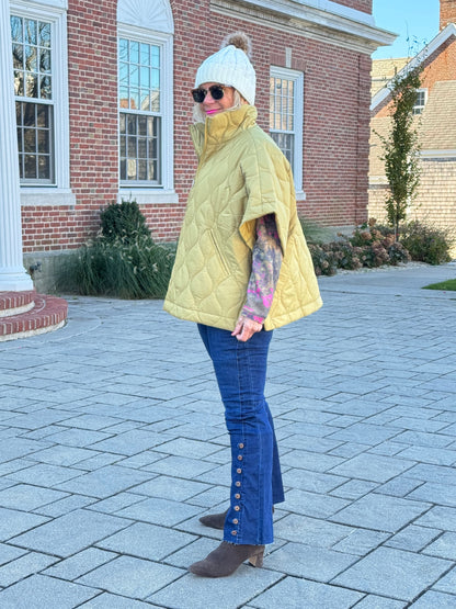 Quilted Short Sleeves Puffer Pullover Poncho Mustard