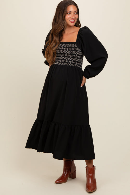 Black Contrast Smocked Balloon Sleeve Maternity Midi Dress