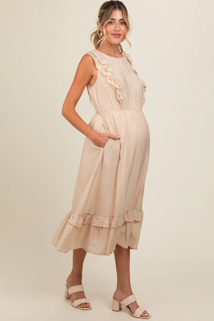 Beige Texture Ruffle Accent Maternity Midi Dress