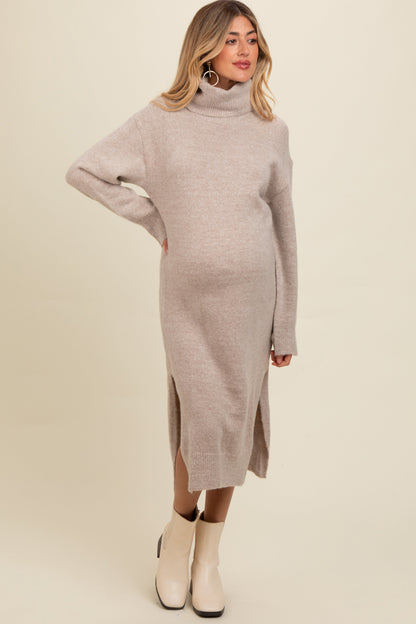 Beige Turtleneck Side Slit Knit Maternity Midi Sweater Dress