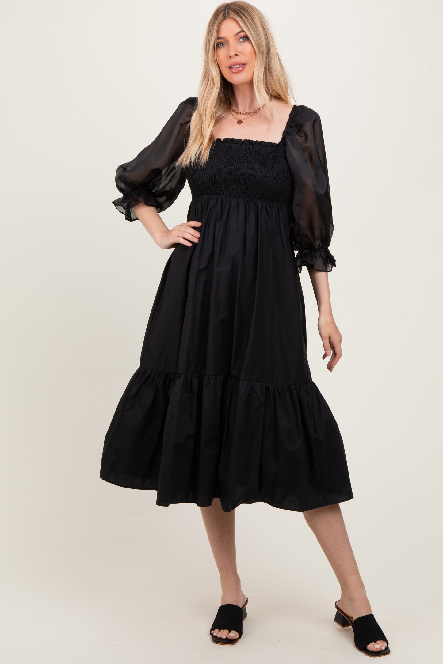 Black Chiffon Smocked Puff Sleeve Midi Dress