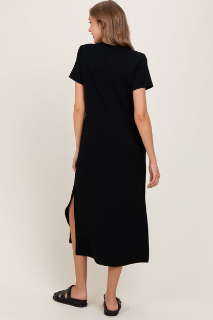 Black Basic Side Slit Short Sleeve Midi Dress