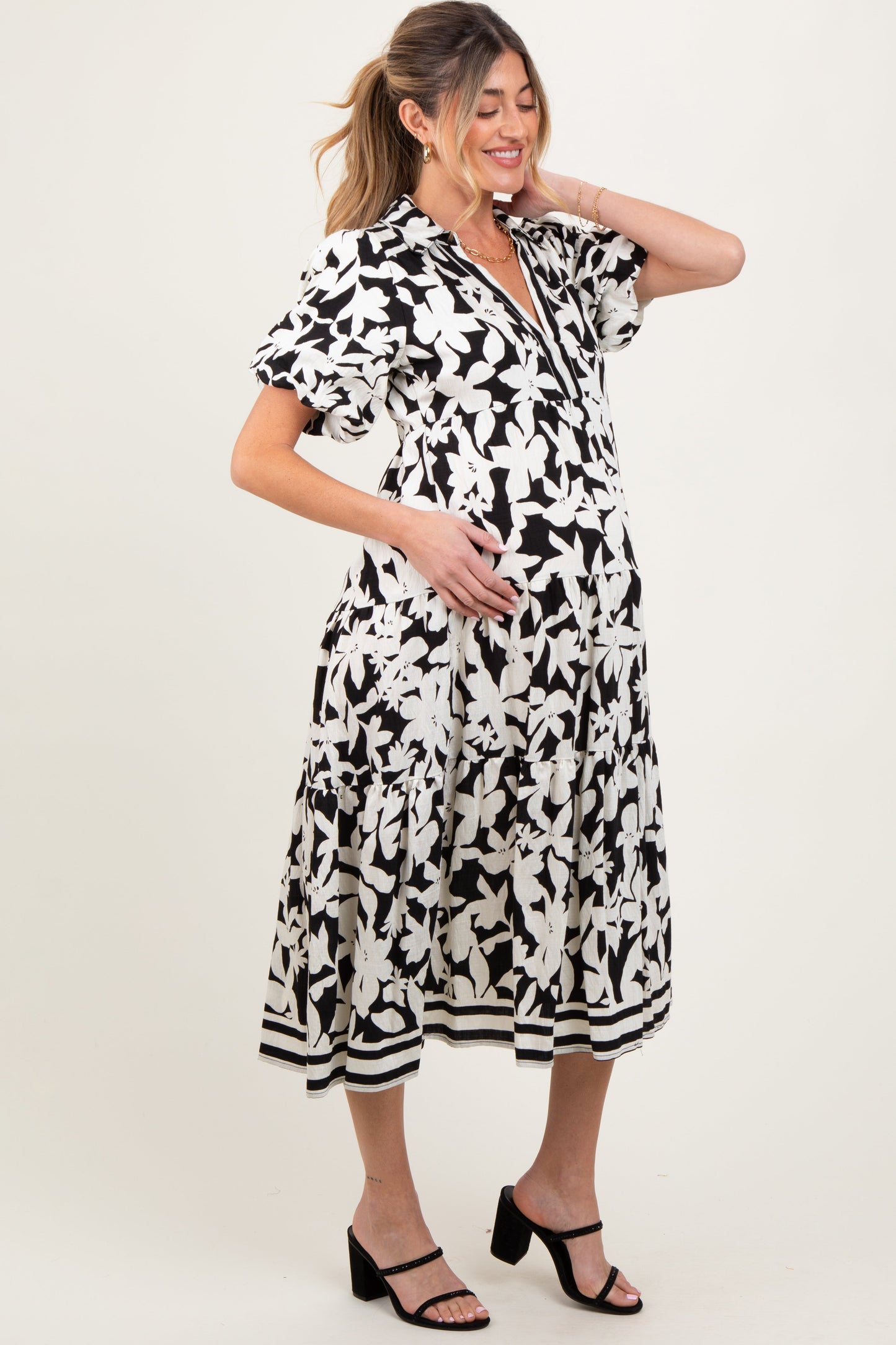Black Botanical Print A Line Tiered Maternity Dress