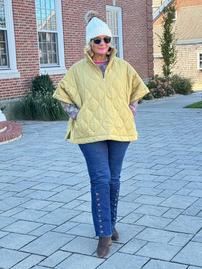 Quilted Short Sleeves Puffer Pullover Poncho Mustard
