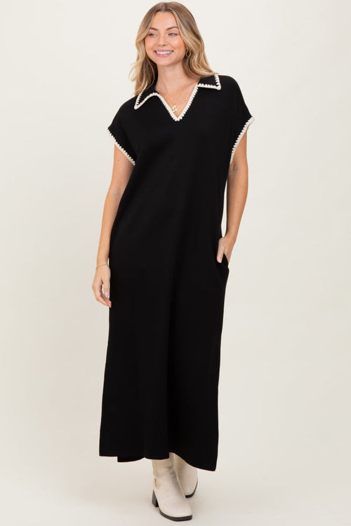 Black Collared Stitch Detail Short Sleeve Midi Dress