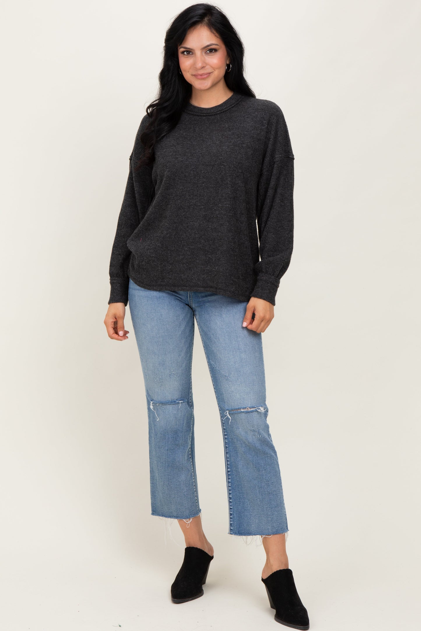 Black Brushed Ribbed Knit Pullover
