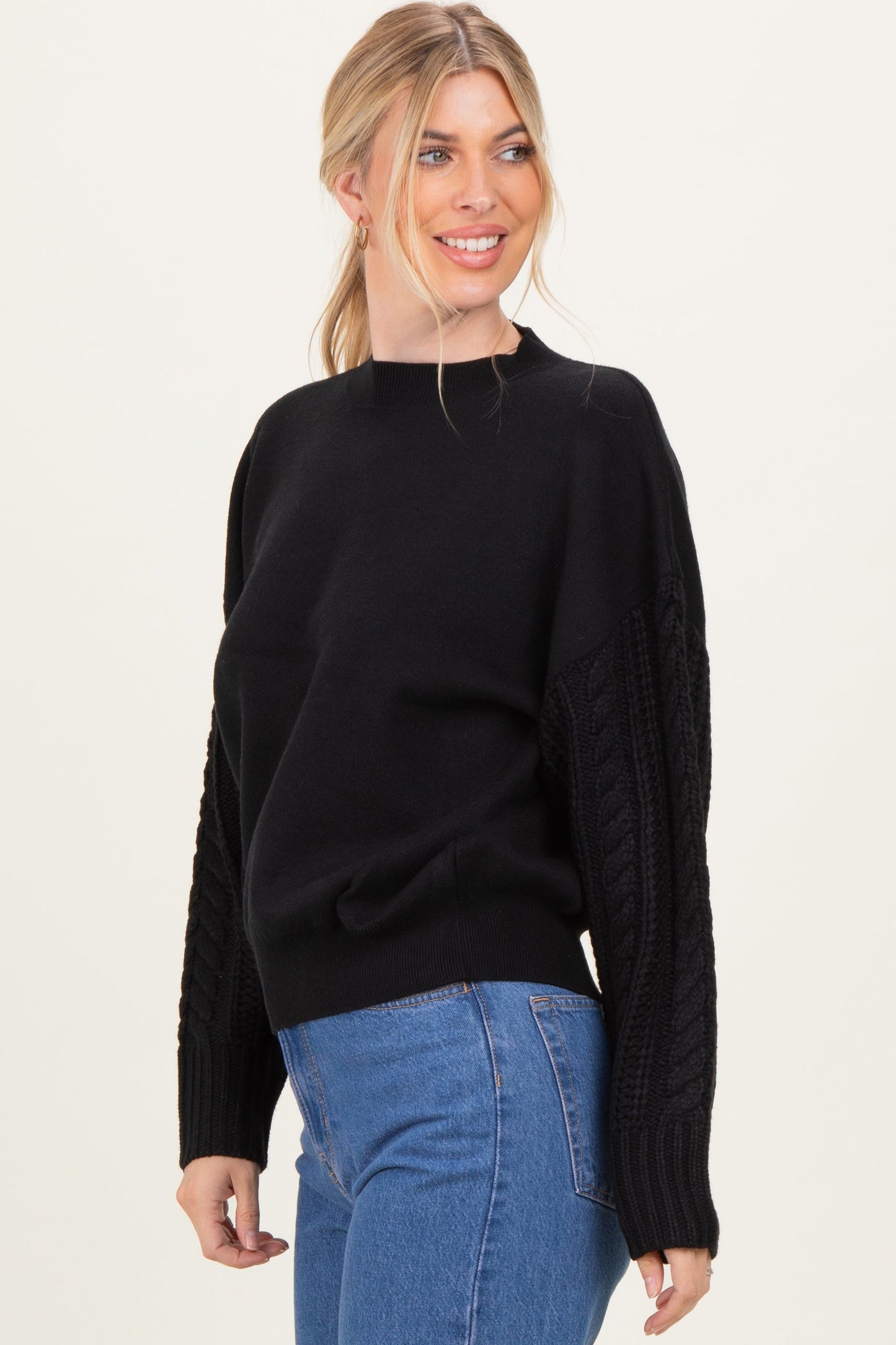 Black Cable Knit Sleeve Round Neck Sweater